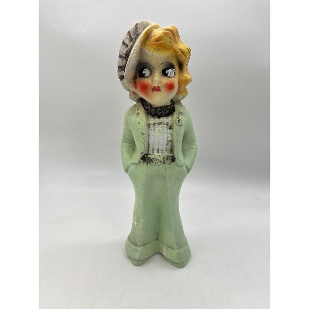 Vtg 30s Chalkware Carnival Prize Marlene Dietrich Tomboy Flapper Hat Girl 14"